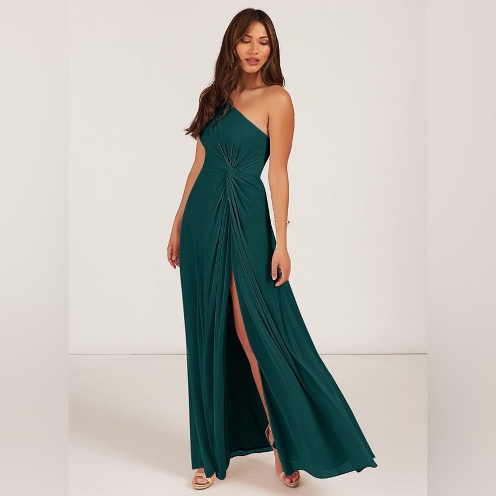 Azazie bridesmaid dress size 6 peacock color floor length one-shoulder NWT